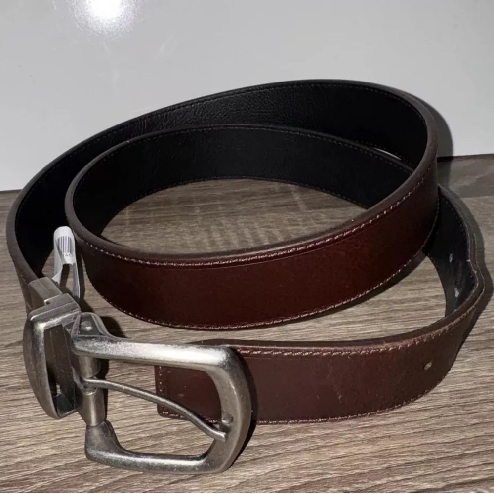 RW Rugged Wear 40” Men's Brown Leather Cut Edge Stitched Belt Silver Buckle